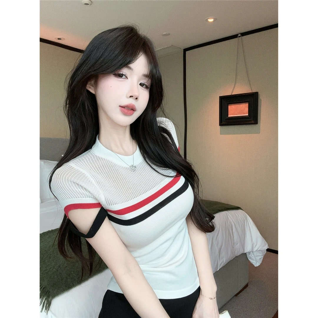 纯欲辣妹撞色条纹短袖t恤女夏季修身显瘦半透明镂空冰丝针织上衣