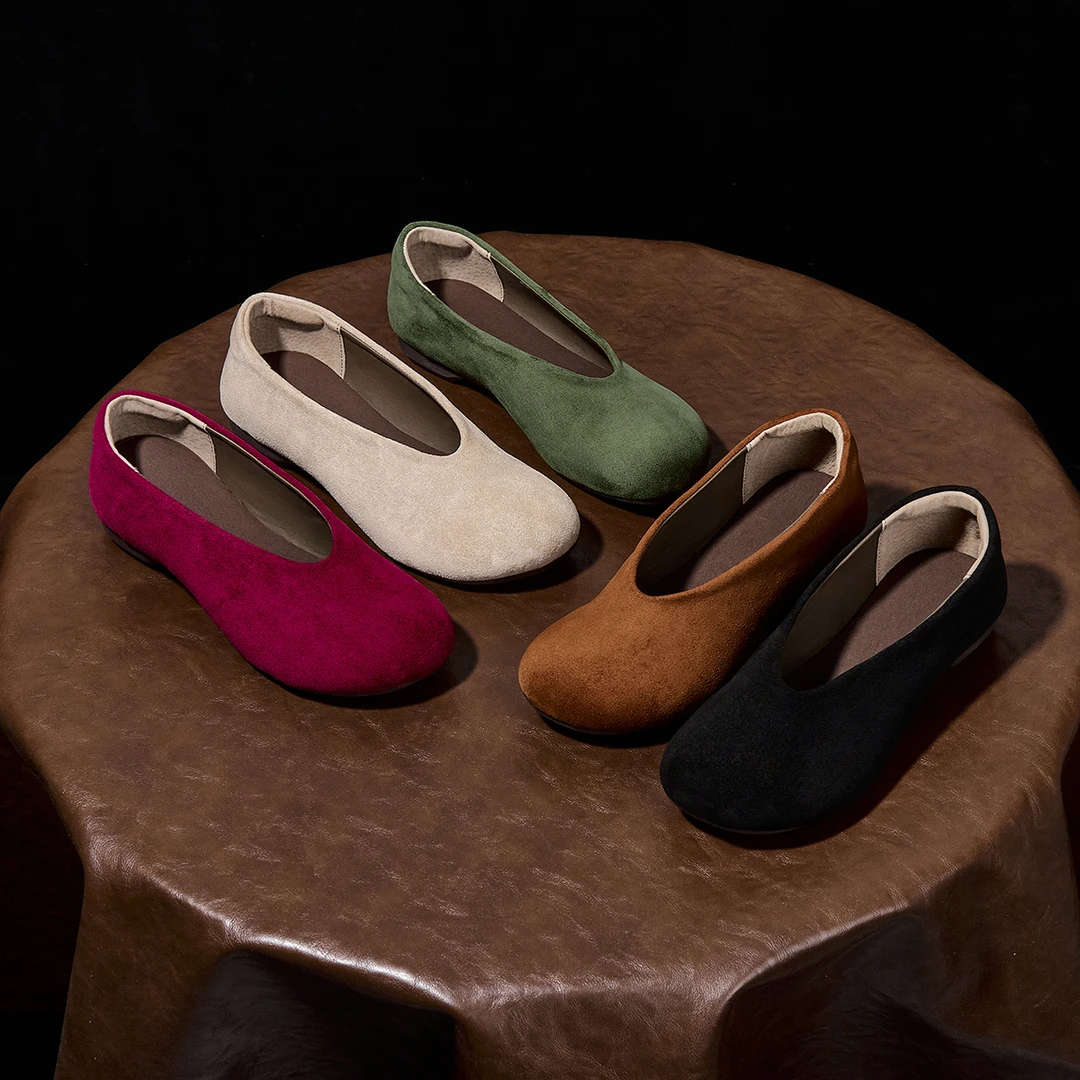 羊猄皮~复古单鞋休闲平跟小圆头舒适百搭妈妈鞋时尚软底软面女鞋