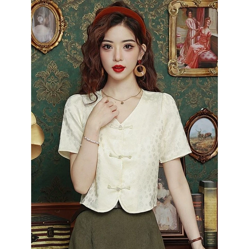 洋气新中式盘扣v领雪纺短袖小衫女2025新款感复古国风气质上衣夏