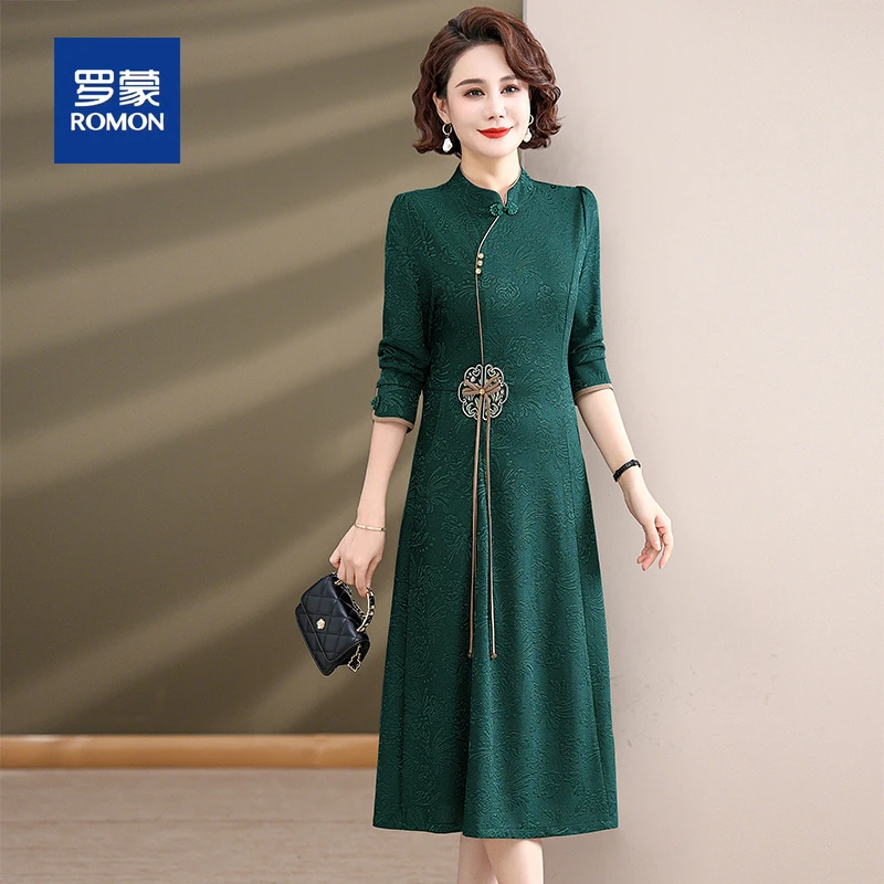 罗蒙秋装新款中老年妈妈新中式改良旗袍长袖连衣裙显瘦气质裙子
