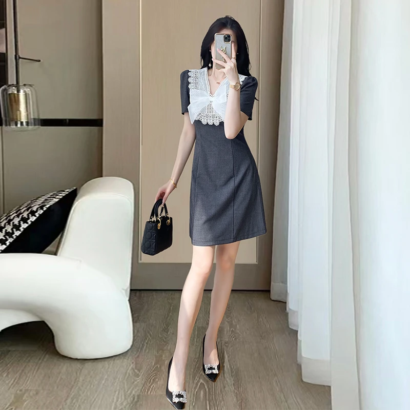 优雅气质通勤西服连衣裙夏季法式轻奢高级感蕾丝花边领收腰A字裙
