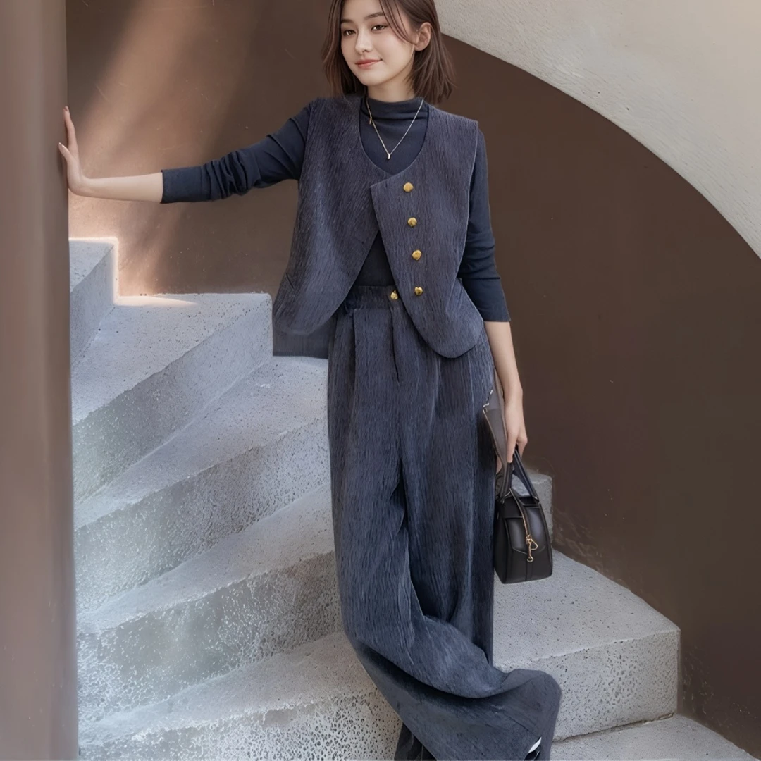 灰色法式时尚马甲套装女2025秋季新款设计感宽松休闲阔腿裤三件套