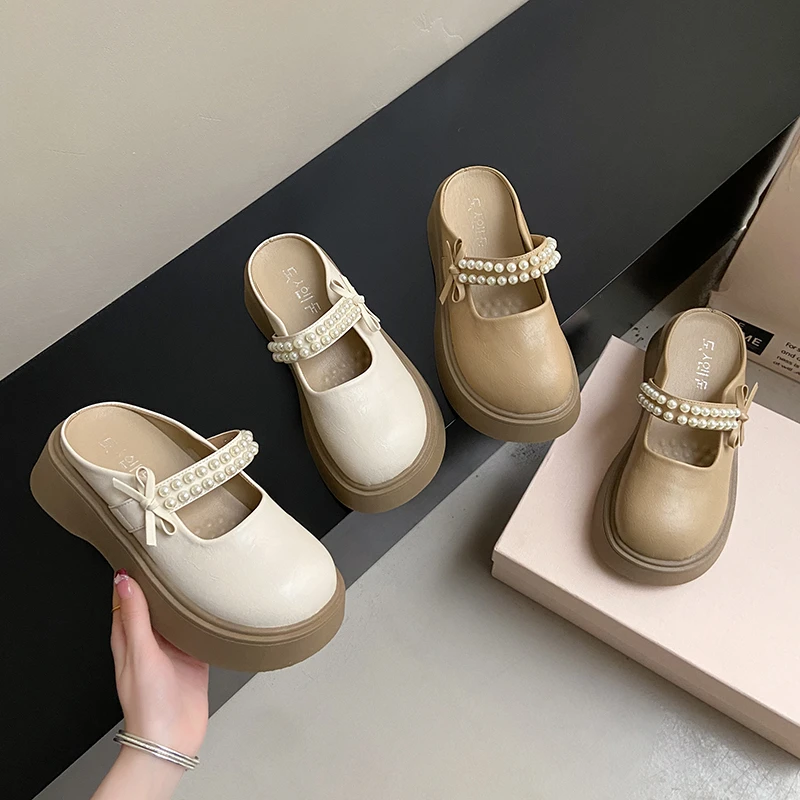 仙女风厚底包头珍珠拖鞋女2025夏季新款网红一脚蹬甜美包头勃肯鞋