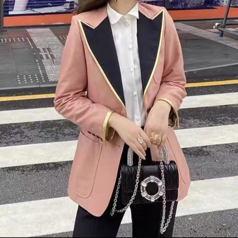95新 GUCCI/古驰 古驰粉色黑领西装女装外套/dd824服装