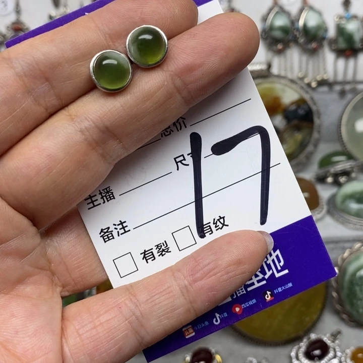 蛇纹石玉耳环银S925镶嵌浅**忆