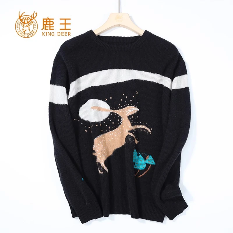 鹿王23秋冬新款女圆领100山羊绒时尚提花休闲百搭针织套衫 厚