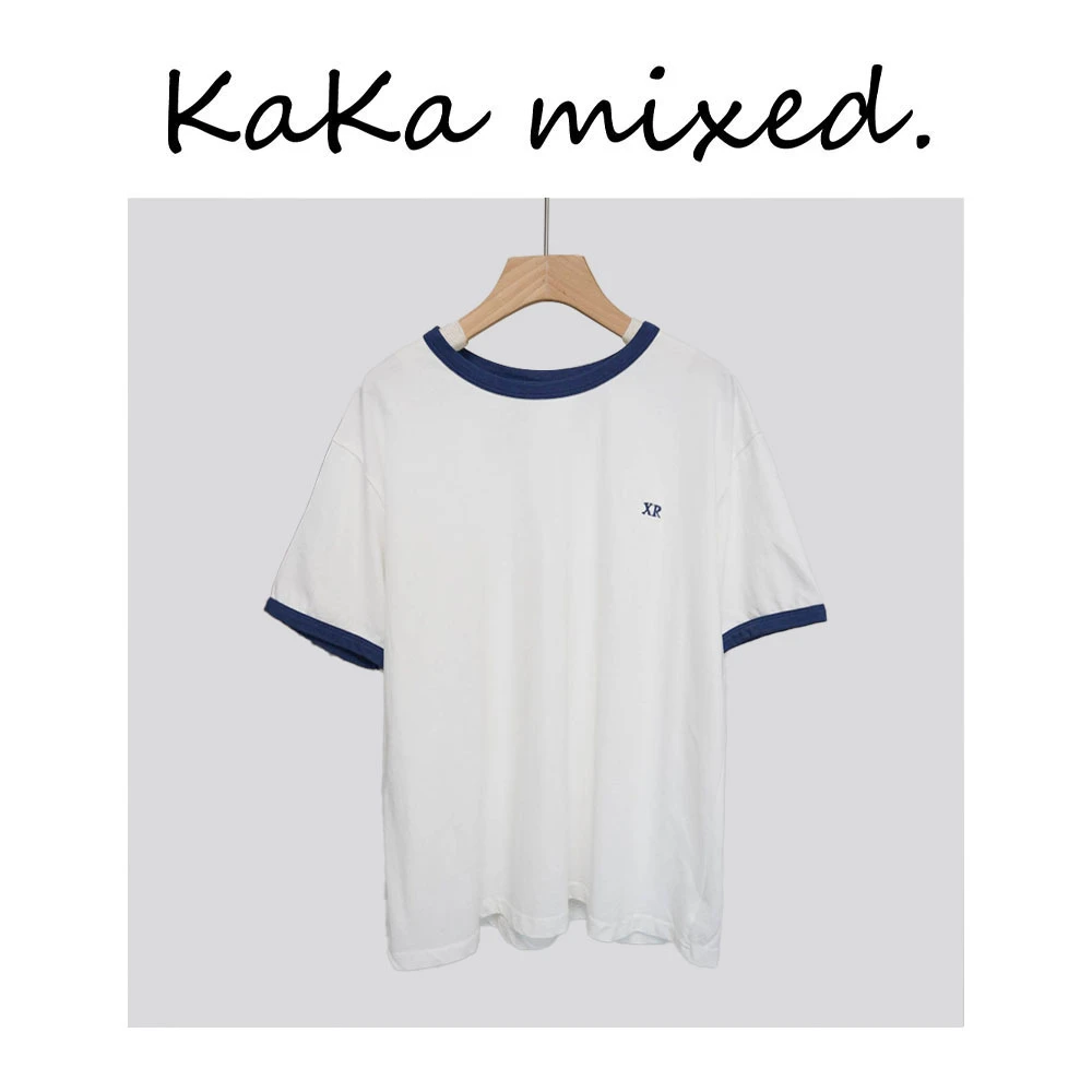 “XR”蓝边圆领纯白短袖T恤