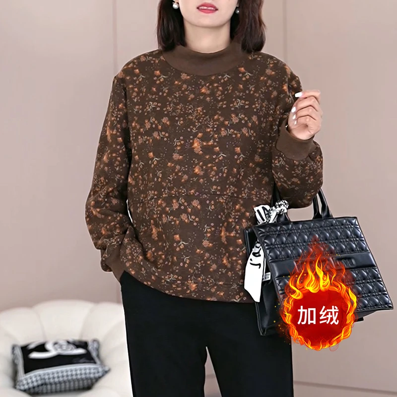 7908火袖时尚秋冬新款半高领印花宽松百搭加绒保暖妈妈装上衣女