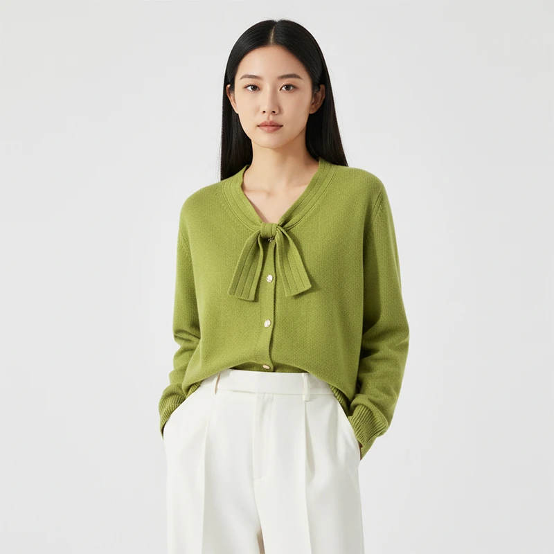Janemo/茧墨优雅温柔蝴蝶结V领浣熊绒开衫毛衣 法式复古休闲时尚