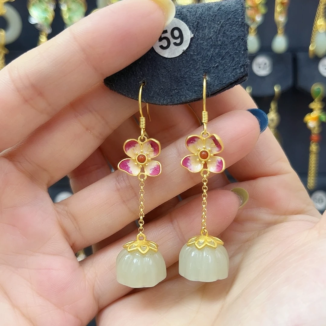 和田玉银S925镀金镶嵌耳饰