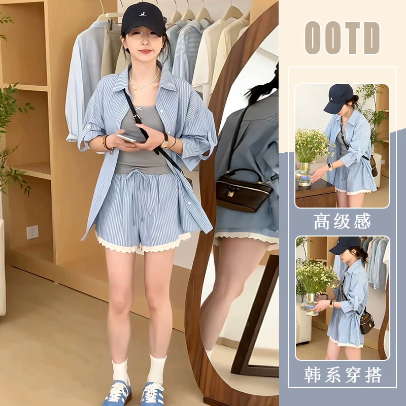 韩版设计感时尚条纹衬衫外套高腰显瘦短裤背心三件套2025夏季新款