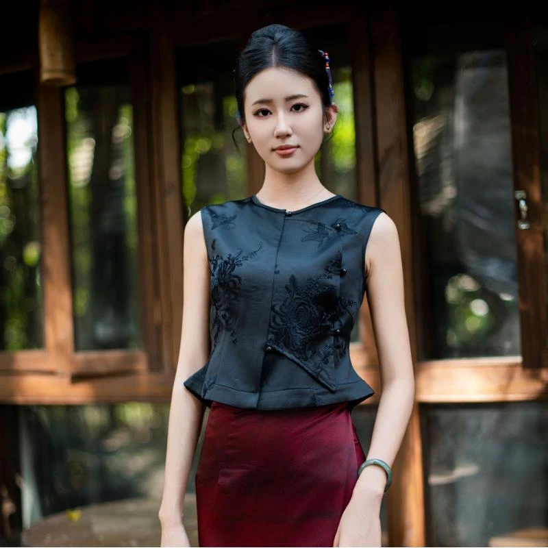 玉家人【曼弄金湾】设计师新中式国风改良傣装泼水节黑色醋酸坎肩
