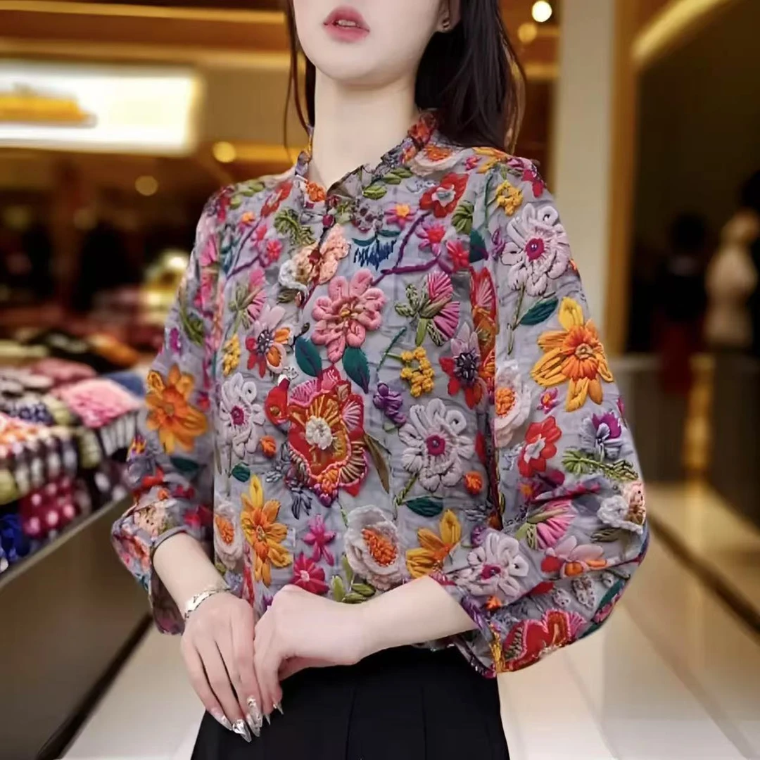 2025新款春秋时尚气质花卉衬衫高级洋气长袖宽松上衣8788