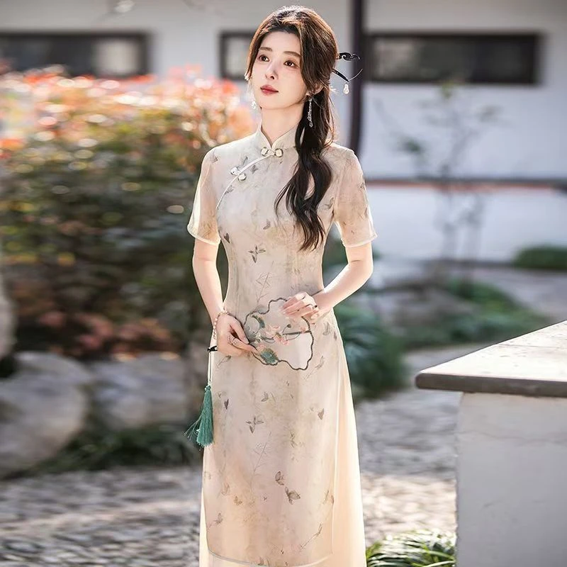 2025夏季新款改良旗袍连衣裙长款日常年轻新中式显瘦茶服