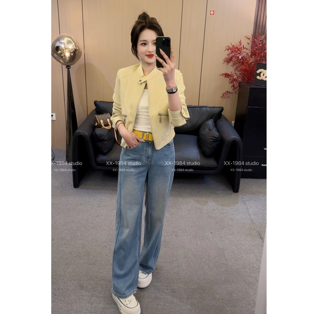 1984 精选【法式千金】春季百搭气质小立领皮衣