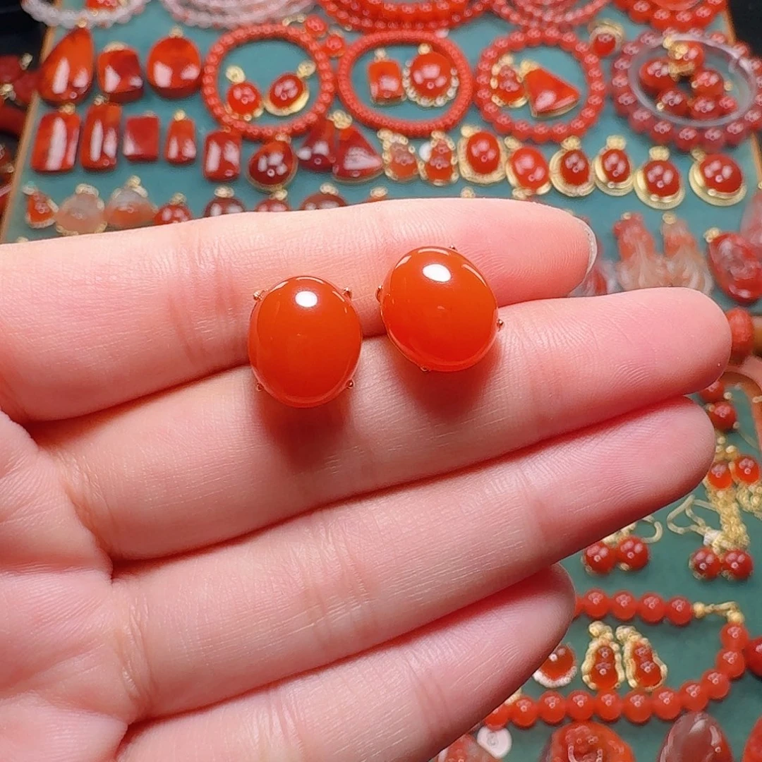 南红玛瑙银S925镶嵌耳饰