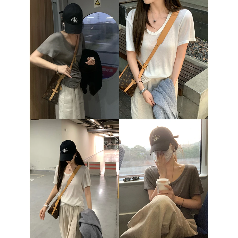 大小姐77 清冷面膜T 针织舒服微透薄款V领显瘦T恤