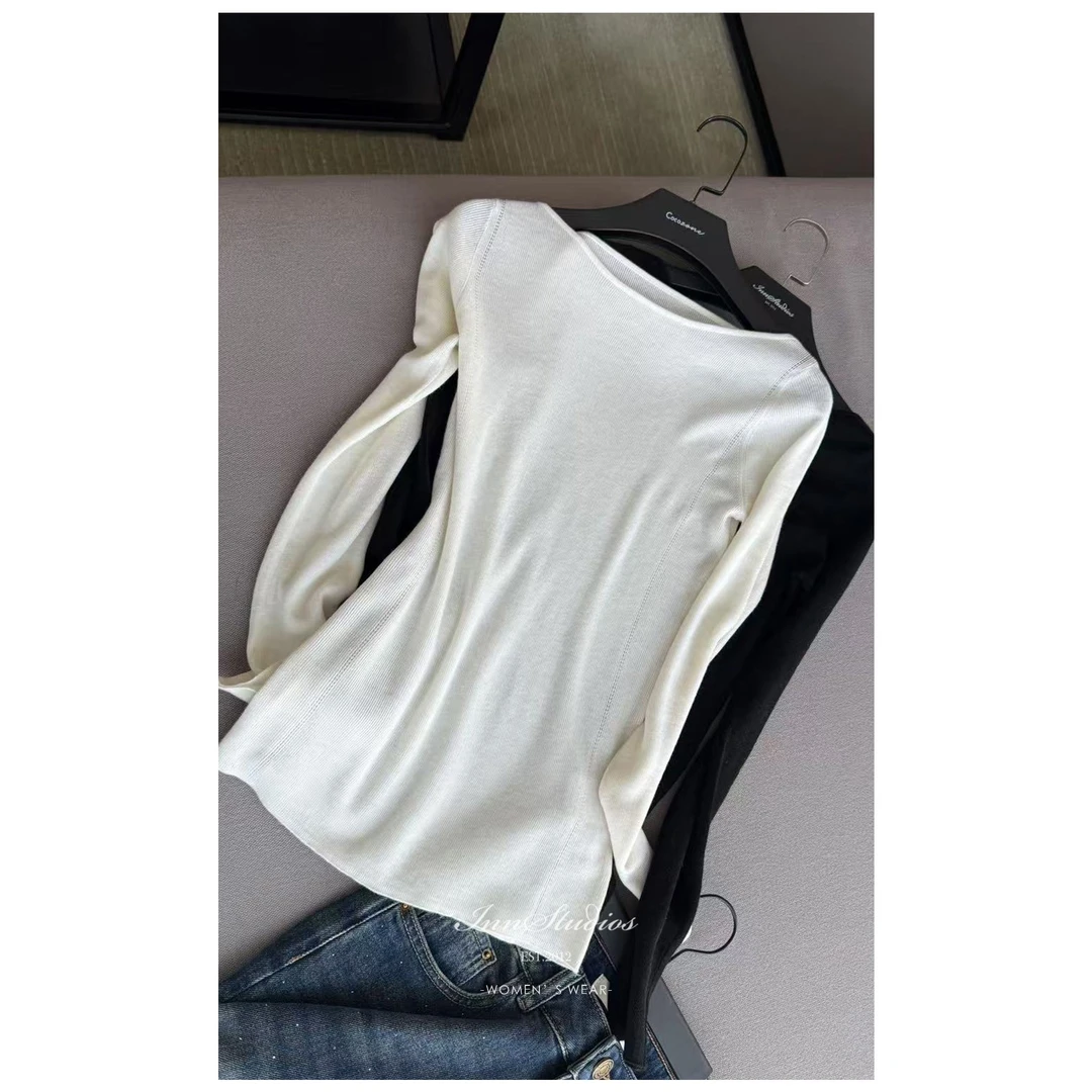 Innstudios 一字肩针织长袖打底上衣