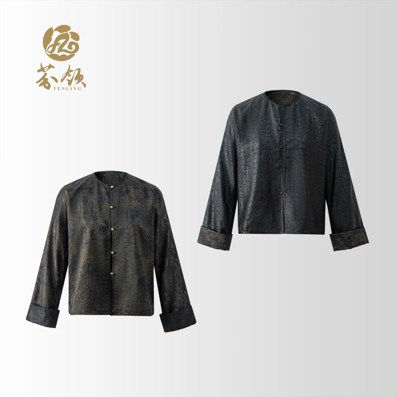 芬领-鎏金-桑蚕丝香云纱双非遗缎龟墨池鎏金40姆双穿重缎上衣外套