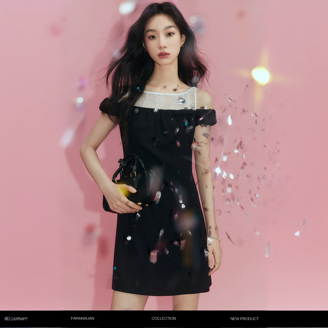 法曼萱蕾丝拼接假两件礼服裙女2025年夏季新款性感精致高级感裙子