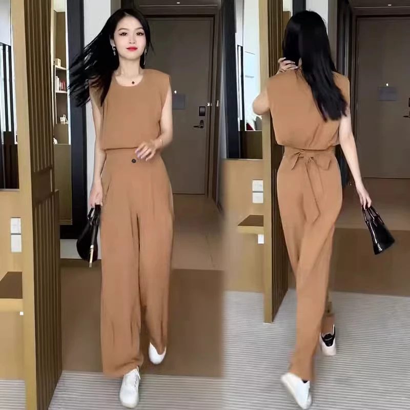 夏季新款洋气网红雪纺短袖垂感高腰阔腿裤两件套潮时尚气质套装女