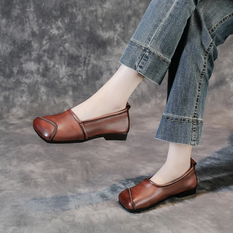 平底女鞋头层牛皮方头真皮复古单鞋软底秋季新款休闲女士舒适皮鞋