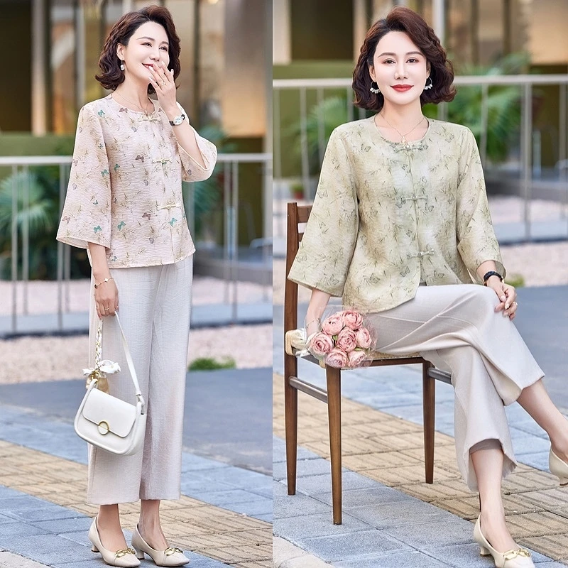 母亲节夏装中式2025套装中老年新款洋气4050岁妈妈国风上衣两件套