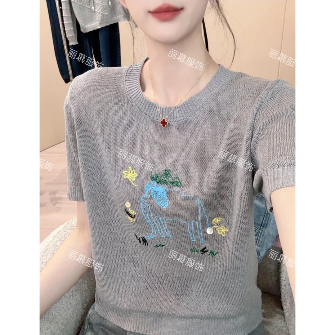【大象刺绣】和纸纱薄款夏季韩版重工撞色大象刺绣针织短袖1653