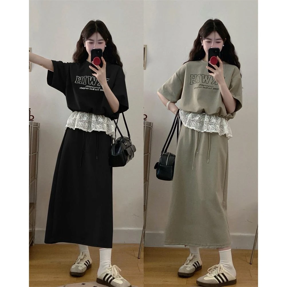 大码夏季新款胖MM时尚两件套拼接蕾丝字母短袖上衣半身裙洋气穿搭