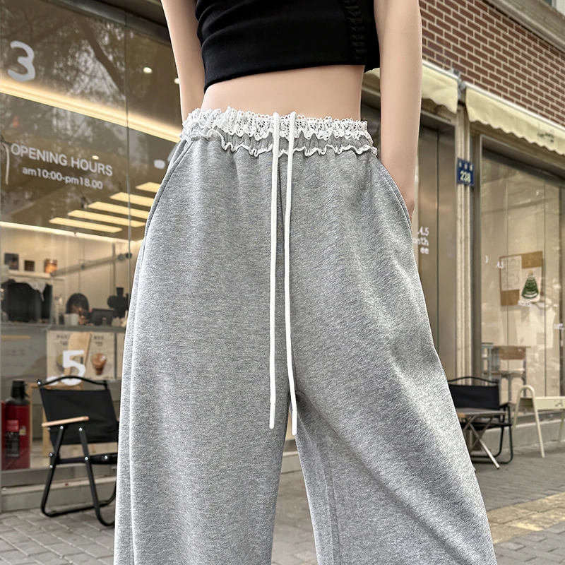 弯刀阔腿运动裤女款爆款2025新款春秋显瘦遮肉高腰垂感浅灰色卫裤