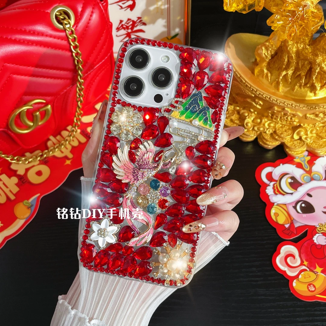 适用苹果16/华为/vivo/OPPO满钻红运当头凤凰飞天女款手机壳ins