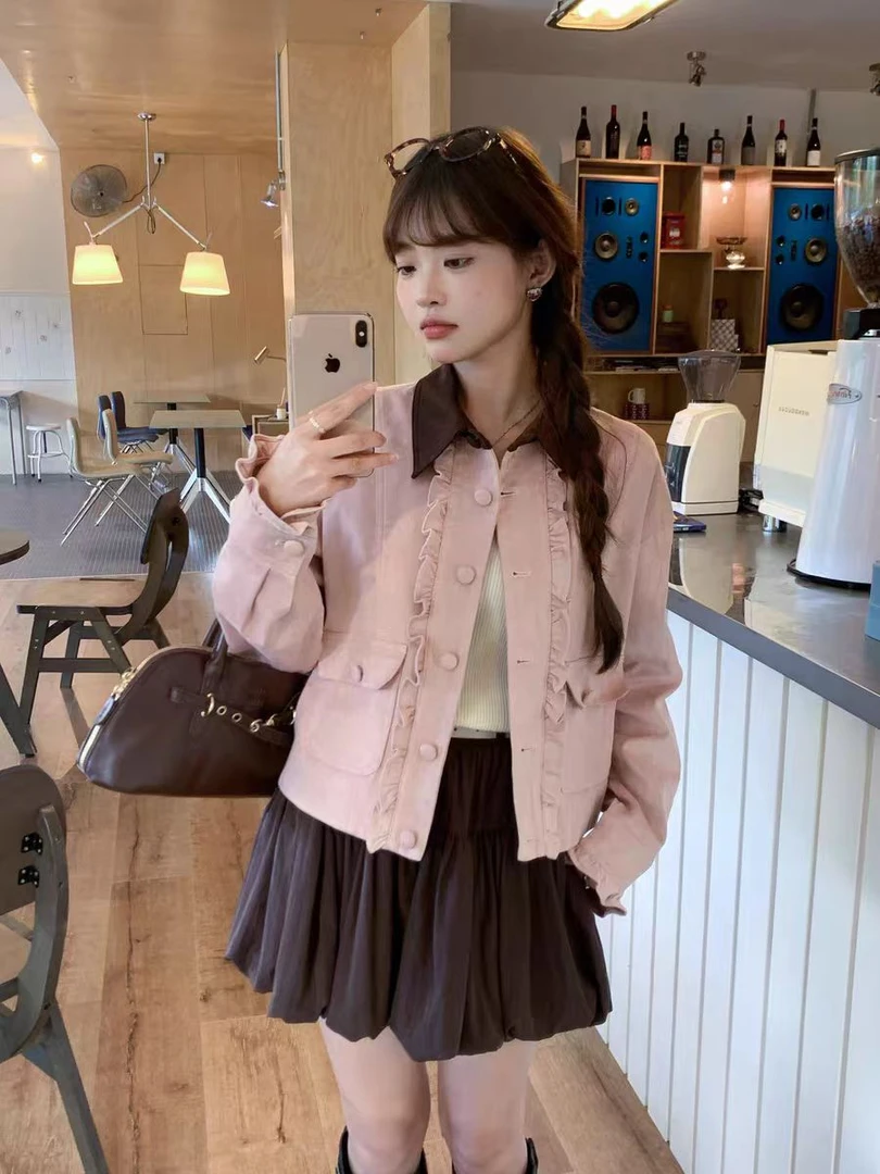 miu甜美粉色仿鹿皮宽松外套女2025秋冬新款撞色拼接翻领显瘦套装