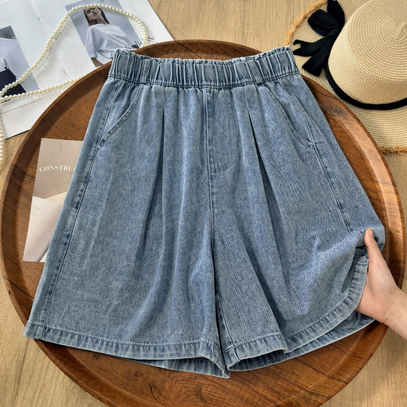 300斤大码胖mm蓝色天丝牛仔短裤女夏季薄款宽松阔腿休闲五分裤子