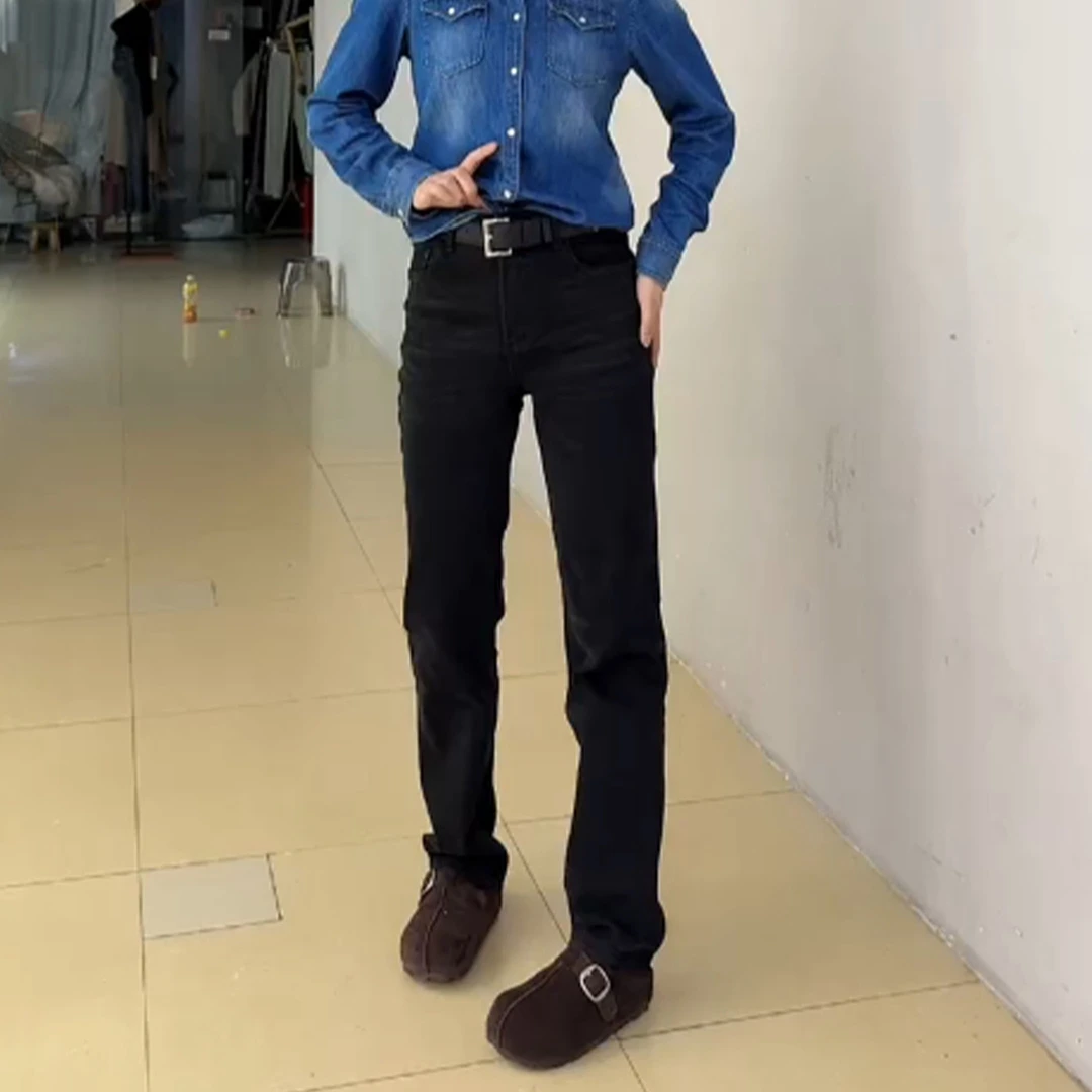 梨型高腰弹力加绒加厚直筒牛仔裤女秋冬新款时尚百搭显瘦拖地长裤