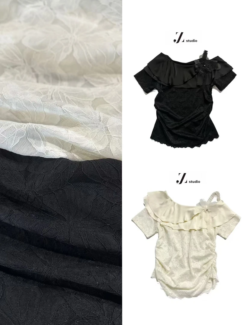 A16631春夏新款法式气质荷叶边露肩设计感立体花收腰上衣小衫