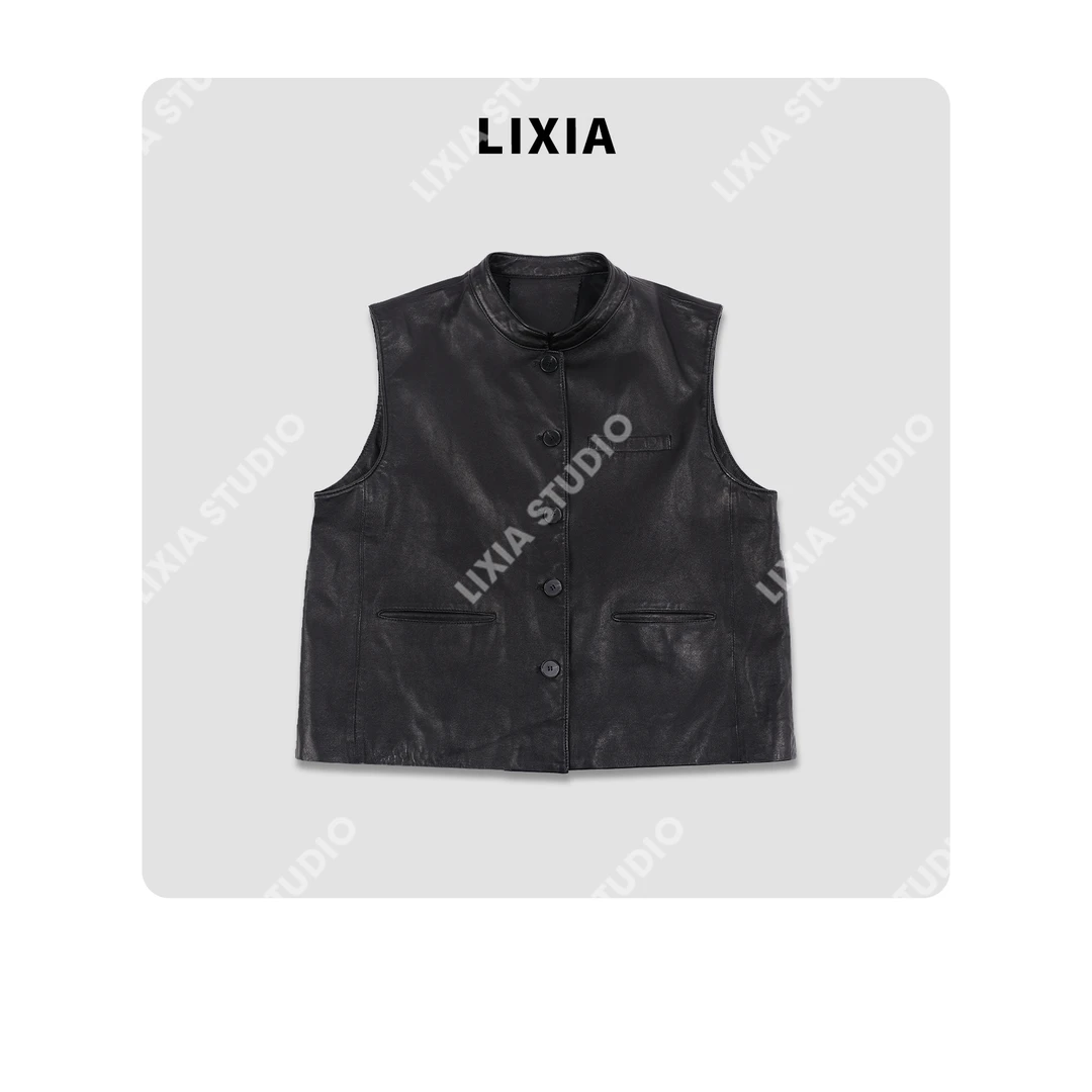 LIXIA【绅履皮士】ins风街头绵羊皮半植鞣重工皮马甲-D8757