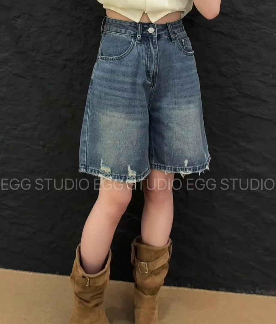 Hjie-夏季韩版高腰长裤牛仔裤蓝色渐变破洞#xw14