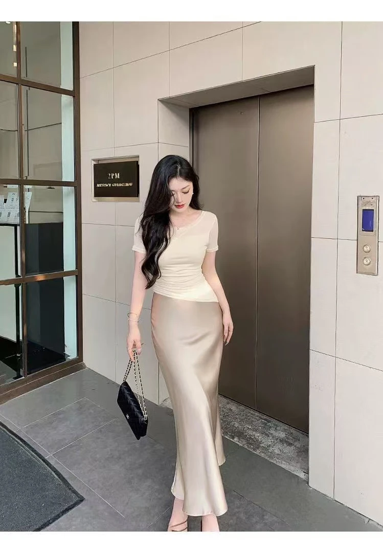 【半裙】显瘦高腰裂纹醋酸缎面光感半身裙A字时尚洋气减龄显瘦遮肉H