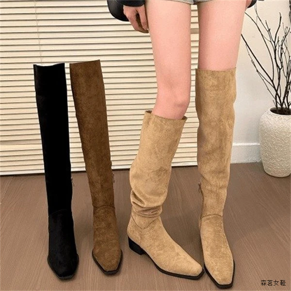骑士靴女复古长筒高筒靴褶皱堆堆靴粗跟方头不过膝靴子2022年棕色
