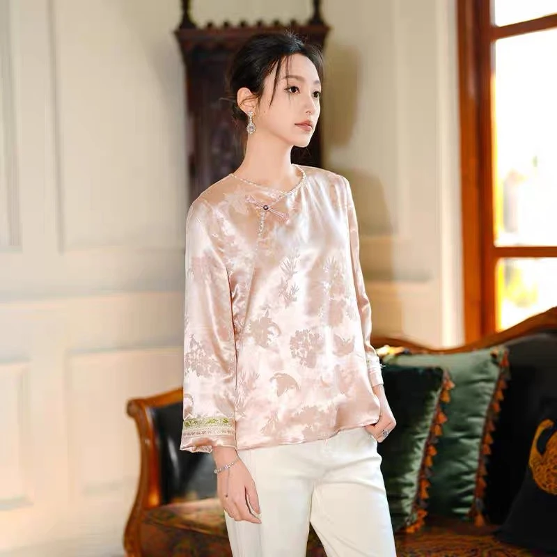 深圳南油【拾春意】桑蚕丝2025新款国风新中式桑蚕丝轻奢小衫高端