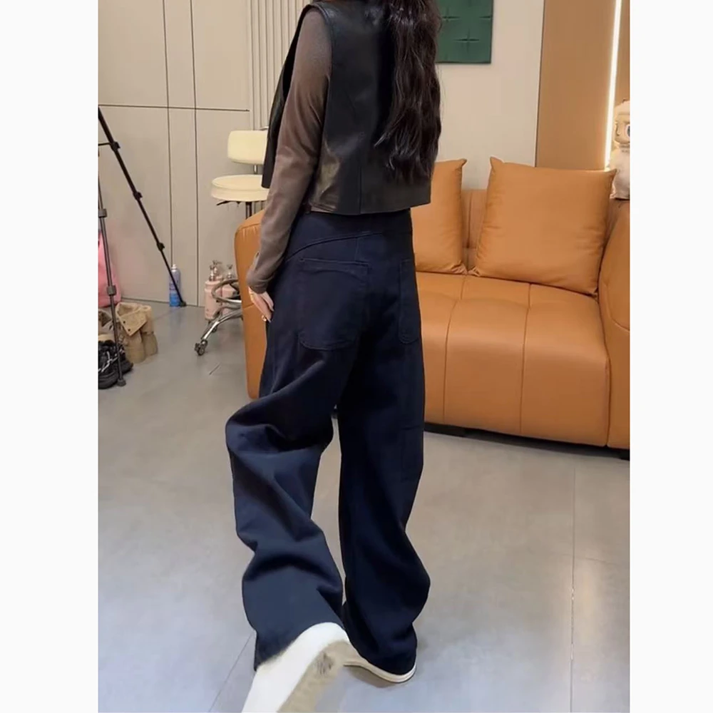 早秋新款立体剪裁弯刀裤高腰显瘦时尚百搭直筒拖地牛仔裤