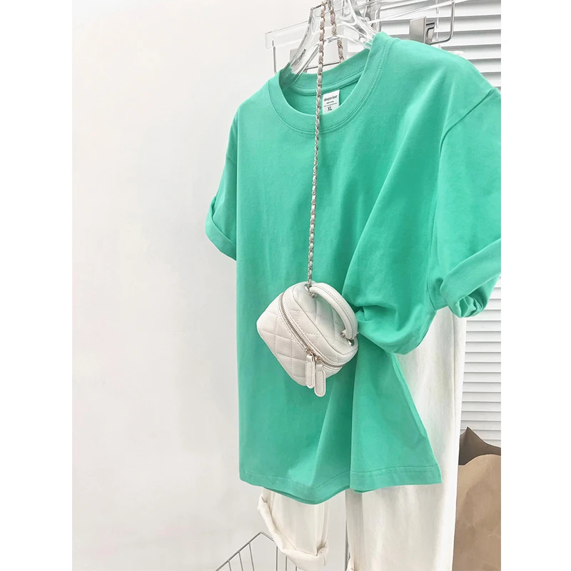 设计感气质韩系宽松圆领正肩纯棉ins短袖T恤女夏季韩版薄荷绿上衣