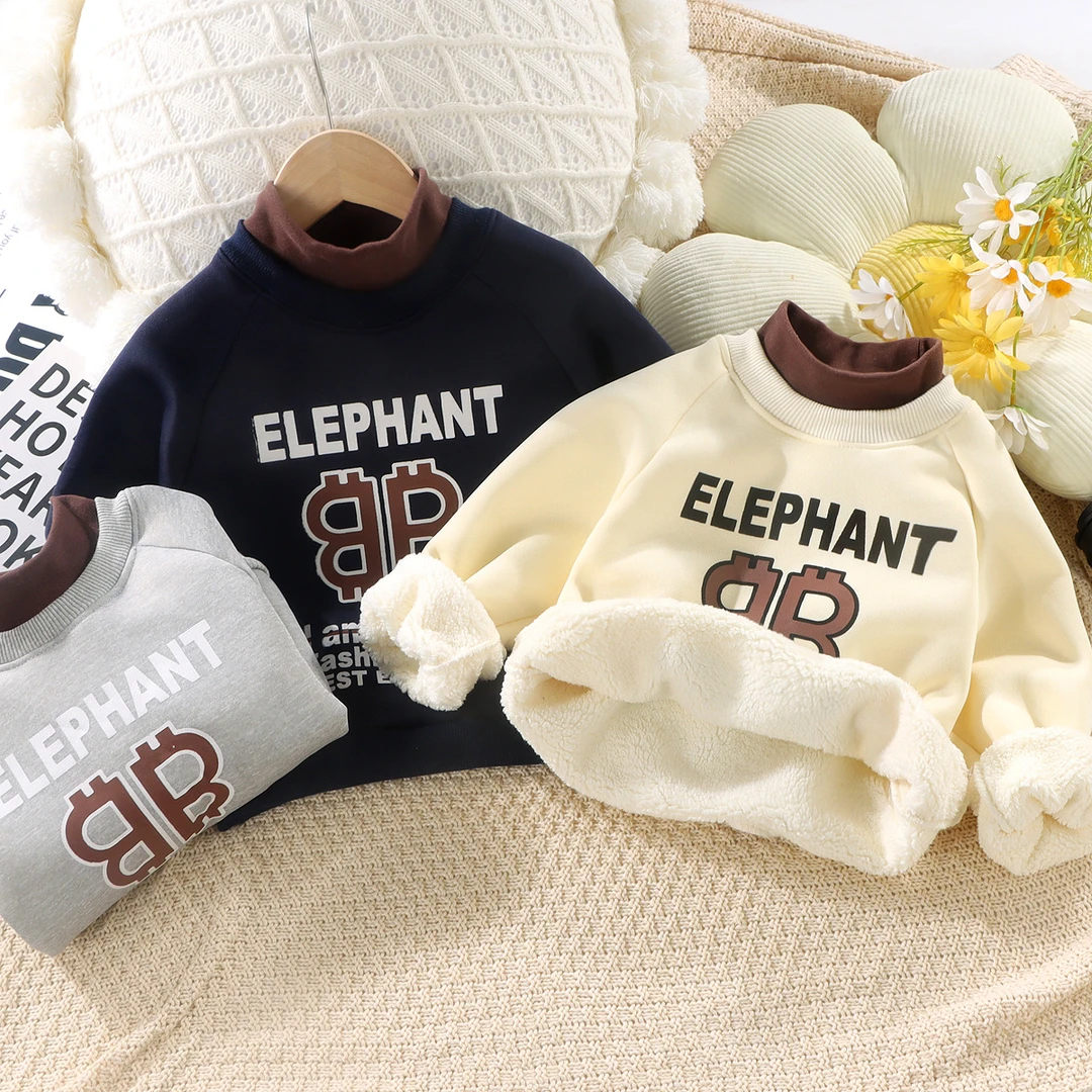 【加绒加厚】韩版时尚儿童卫衣宝宝秋冬保暖拼接圆领套头打底假两件