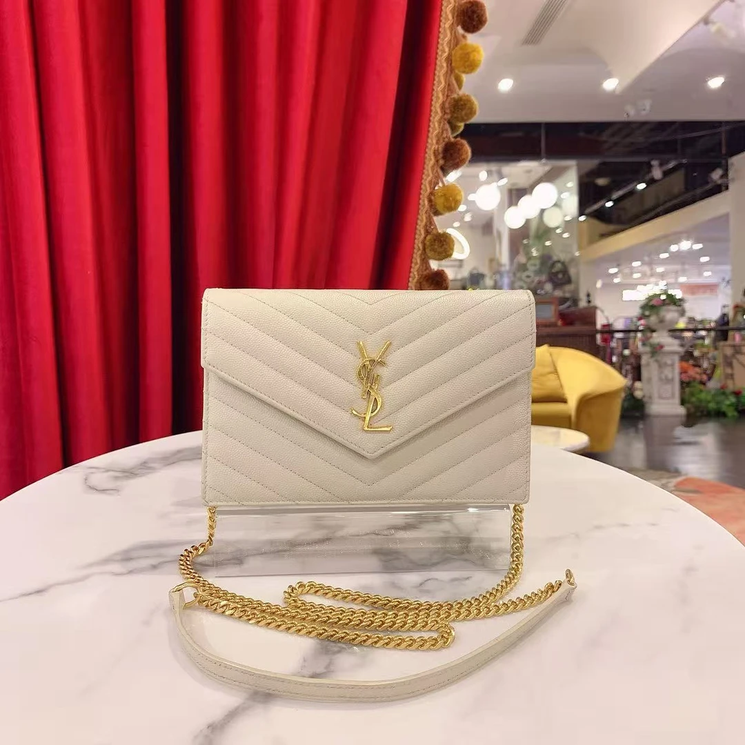 95新 YSL/圣罗兰 好好信封包小号白色金扣荔枝单肩包52013691
