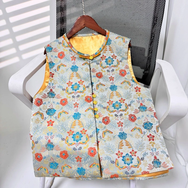 【莫奈花园】新中式马夹女高定洋气上衣人丝宋锦圆领马甲女款外穿