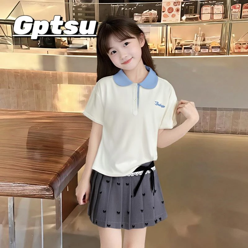 GPTSu女童套装2025夏新款时尚小清新polo领百搭短袖T恤半裙两件套