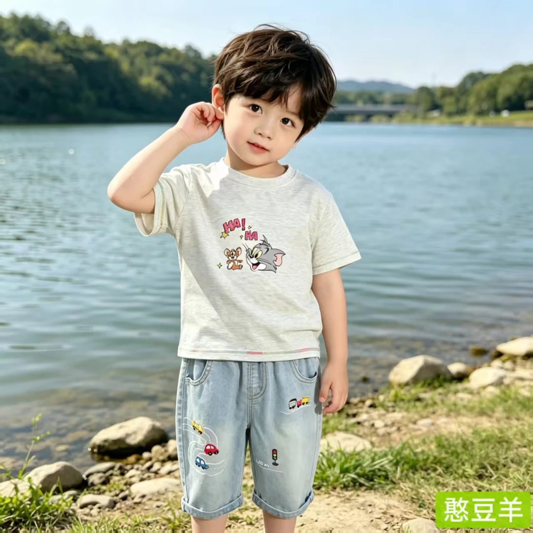 【憨豆羊】儿童夏季花灰色猫和老鼠印花T恤832