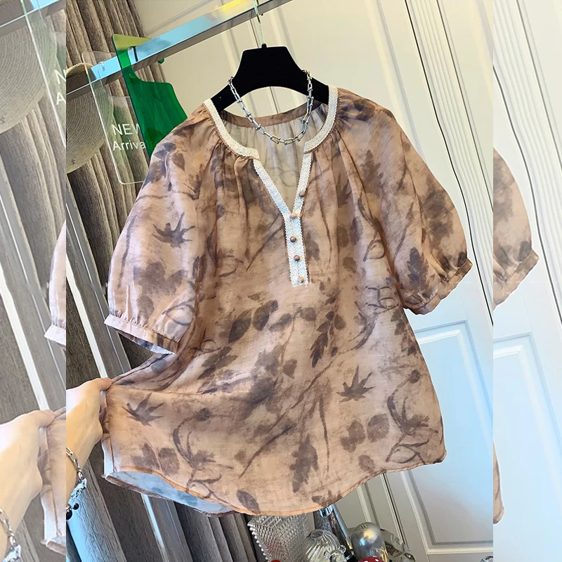 勾花刺绣大码衬衫女钉珠印花显瘦夏季新款复古洋气高级感短袖百搭