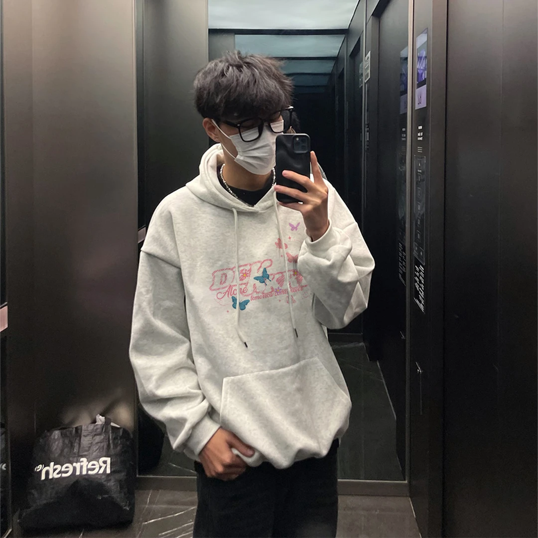 美式趣味蝴蝶字母印花宽松连帽卫衣男秋冬季百搭休闲外套情侣上衣