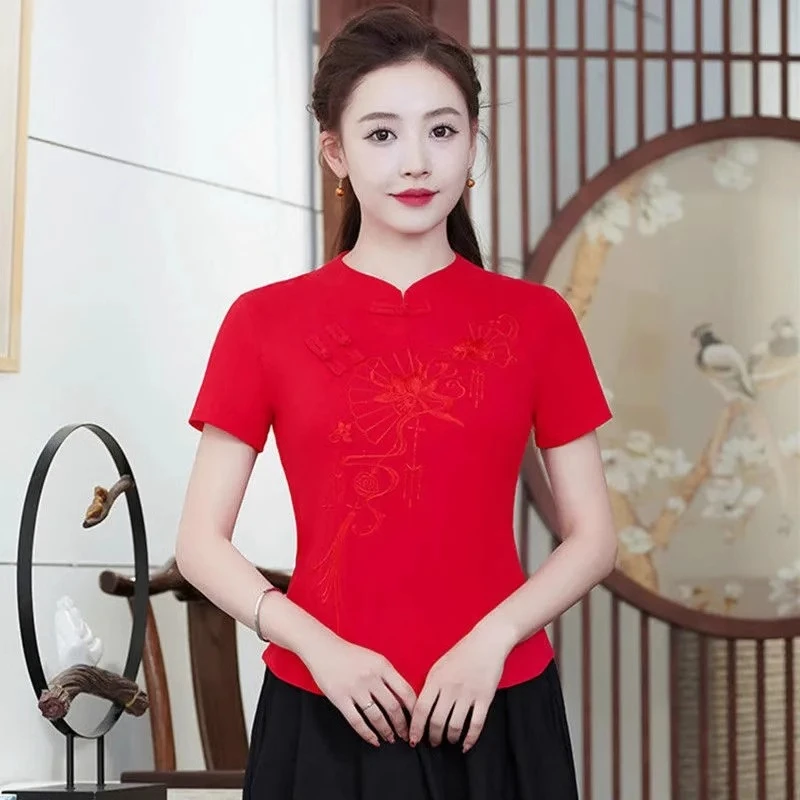 中式民族风刺绣上衣短袖T恤女夏季新款女装复古盘扣修身大码上衣